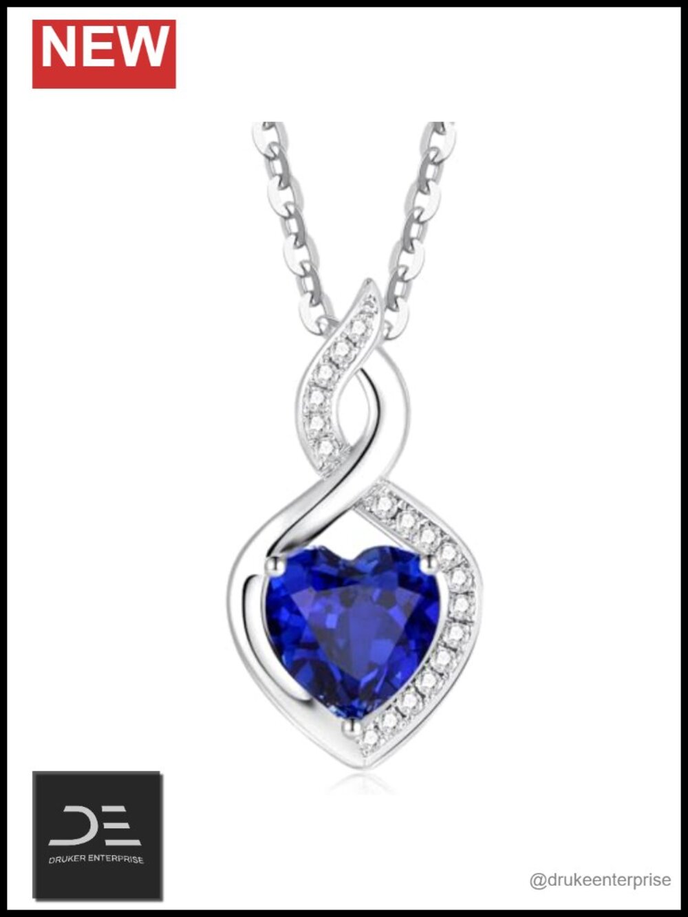14K Solid White Gold Heart Pendant Necklace Created Sapphire Birthstone Jewelry